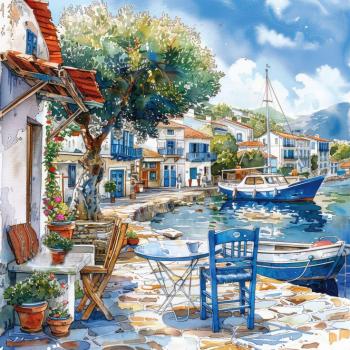 A small town by the seaside with two small boats